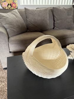 White Ceramic Basket with Handle