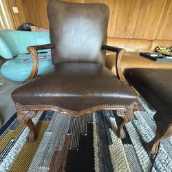 Wood And Leather Armchair With Matching Ottoman