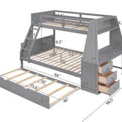 Bunk Beds Twin Over Full Size with Desk, Storage and Trundle, Wood Twin Over Full Bunk Beds 