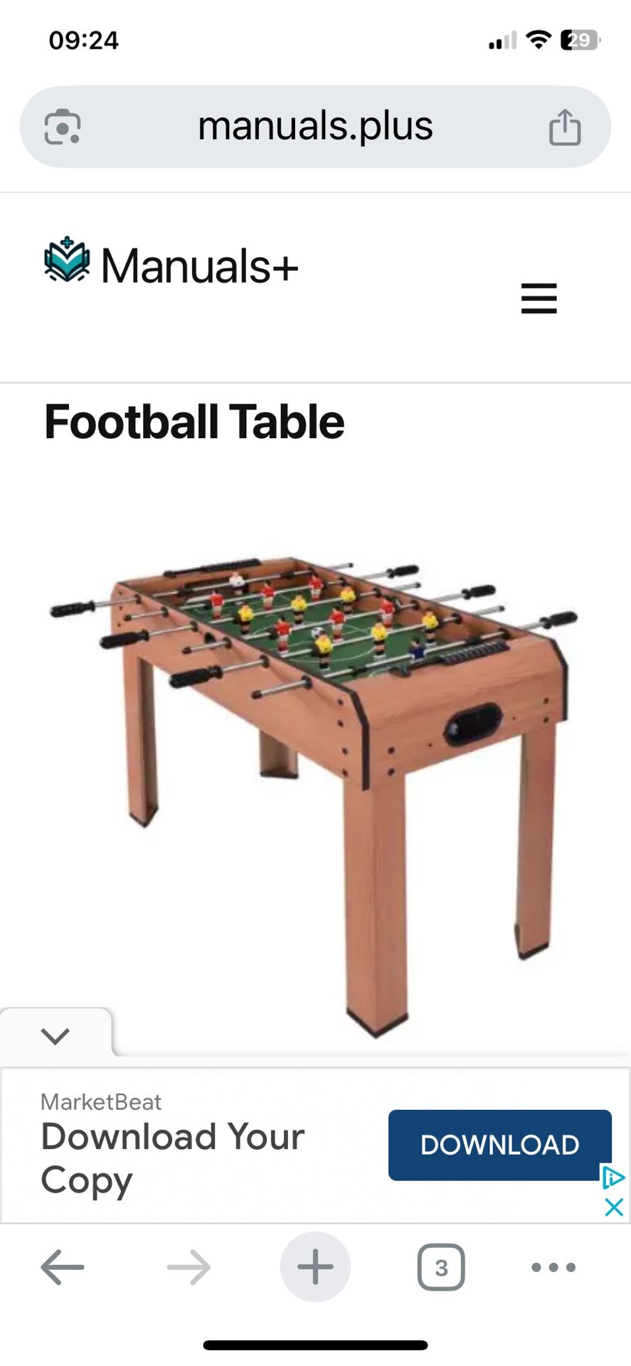Table Football 37” L X 20” D X 27” H