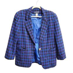 Norton Mcnaughton Vintage 90s Y2K Cobalt Blue Black Plaid Blazer Suit Jacket 14P
