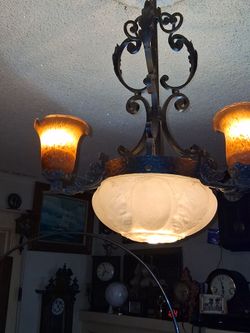Art Deco Spanish Revival Chandelier – Ornate Ironwork & Amber Art Glass