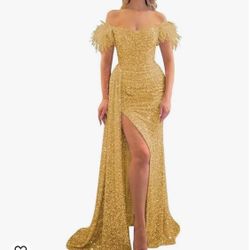 Off Shoulder Feather Sequin Prom Dresses High Slit Mermaid Formal Gowns Women Evening Party Dress