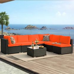 NEW Orange 7-Piece Wicker Outdoor Sectional Set with Orange Cushions