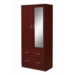 Hodedah 2-Door Armoire with 2-Drawers and Clothing Rod plus Mirror, Mahogany 