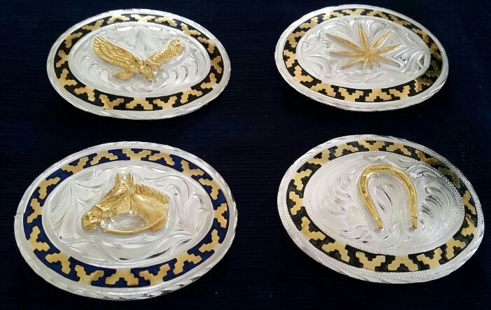 Medium Large Oval Silver Alpaca Rodeo Cowboy Country Western Wear Handcrafted Etched Turquoise Inlay Belt Buckles