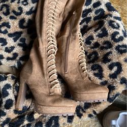Thigh High Wide Calf Lace Up Heels 