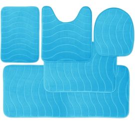 5-Piece Bathroom Rug Set - Memory Foam Bath Mats, Non-Slip, Ultra-Soft, Water Absorbent, Machine Washable Blue