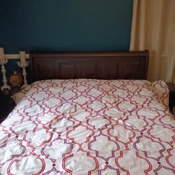 Wooden Bed Headboard, Footboard,  Full Frame And Two Nightstands