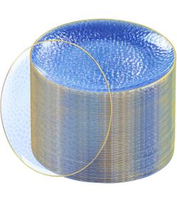 100 Pcs Blue Plastic Plates,7.5 inch Clear Blue Desert Plates with Gold Rim, Hammered Fancy Desert Platos, Heavy Duty Party Plate for Party