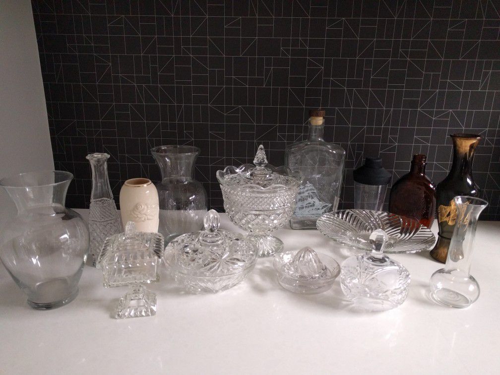 Vintage Crystal Candy Dishes, Bowls with Lids, Glass vases, rum bottles