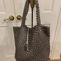 Large Beautiful Calvin Klein  Reversible Woven Gray / Metallic Silver Tote Bag With Detachable Pouch Width 16” And Height Is 13”