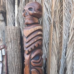 Tiki Statue  Skull Top Wooden Carved Tiki 