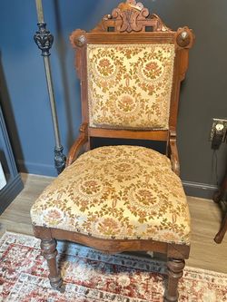 Antique 1880s Victorian Eastlake Parlor Chair – Carved Wood & Tapestry