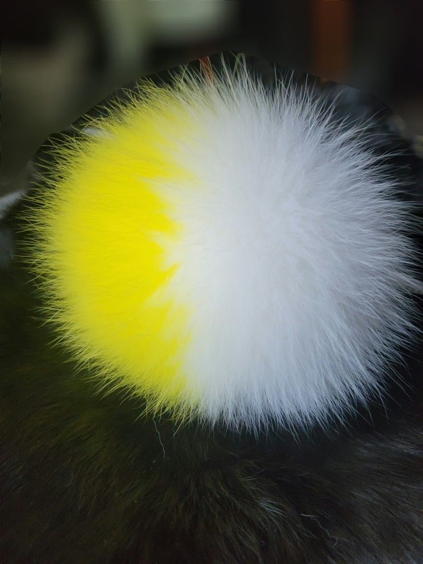 8" Yellow/White Genuine Fur Pom Pom Keychain + Fur Freebies