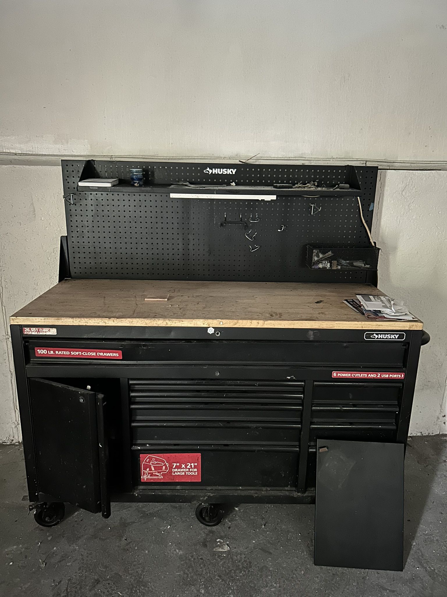 Husky Tool Box w/ Pegboard, shelf And Outlets/USB