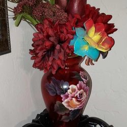 VINTAGE HAND PAINTED ROSE FLORAL FLOWER ARRANGEMENT ACCENT TABLE DECOR 