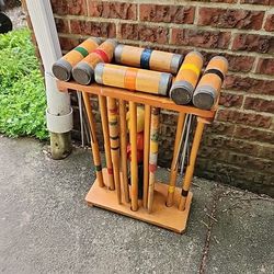 Vintage Croquet Set with Stand 6 Player Complete Lawn Yard Game Complete 28”