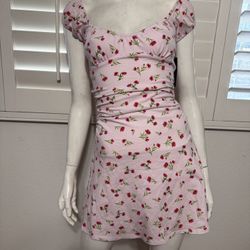 New large pink floral flower short stretchy cottage core peasant boho mini dress 