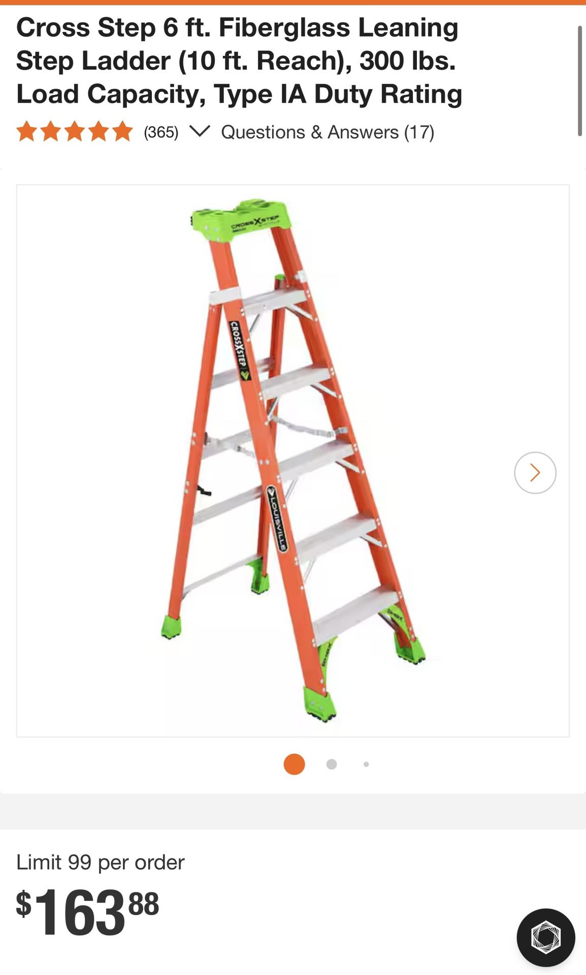 Cross Step 6 ft. Fiberglass Leaning Step Ladder (10 ft. Reach), 300 lbs. Load Capacity, Type IA Duty Rating