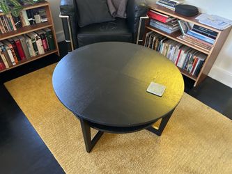 Round Black Wood Coffee Table with Shelf