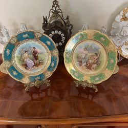 ANTIQUE Imperial Crown Austria Neoclassical Courting Couple Green Gold Scrollwork Plates, 8.5”