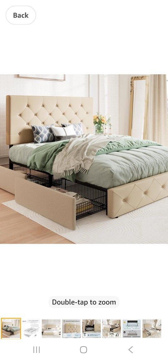 Allewie Upholstered Queen Size Platform Bed Frame with 4 Storage Drawers and Headboard, Diamond Stitched Button Tufted, Mattress Foundation with Woode