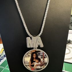 Custom Silver VVs Moissanite Photo Pendant With 4mm Tennis Chain