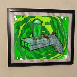rick and morty rick Sanchez portal gun art piece on black frame