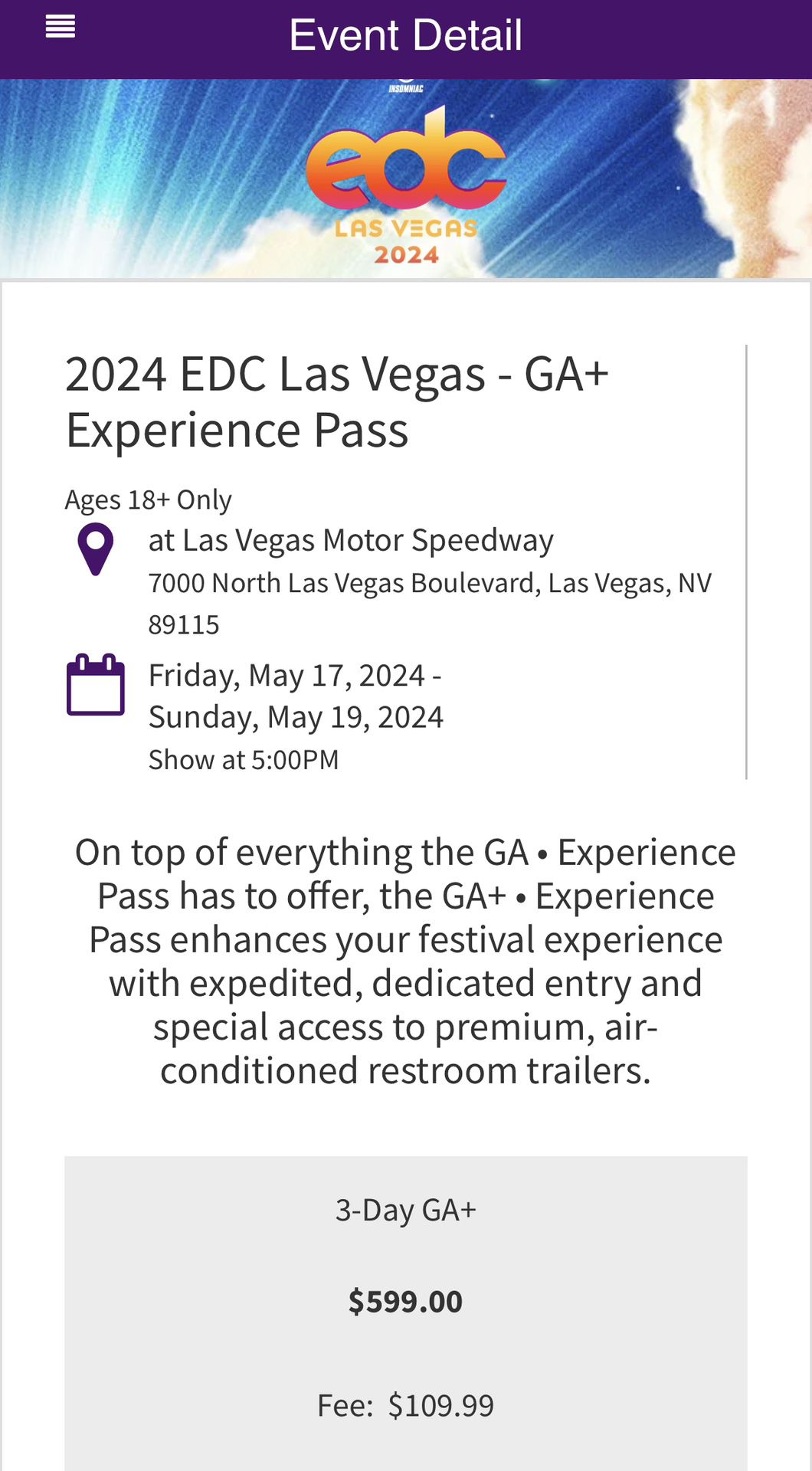 EDC Las Vegas 2024 GA 3 Day Pass (two Total)