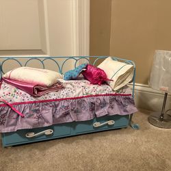 American Girl Doll Blue Curlique Day Bed With Trundle Bed Discontinued, Lamp, Gift Girls Valentines 