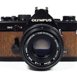 RARE Wood Style Black Olympus OM-2 35mm SLR Film Camera w/ Olympus 50mm Lens