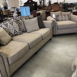 Tan Sofa Couch W/Nailhead Trim $244 And Matching Chair $147 - Priced And Sold Separately