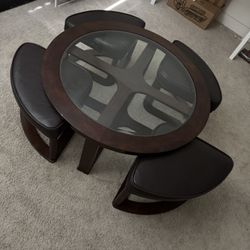 Walnut Round Coffee Table with 4 Stools