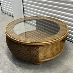 Round Wicker Coffee Table with Glass Top – Coastal / Boho Style