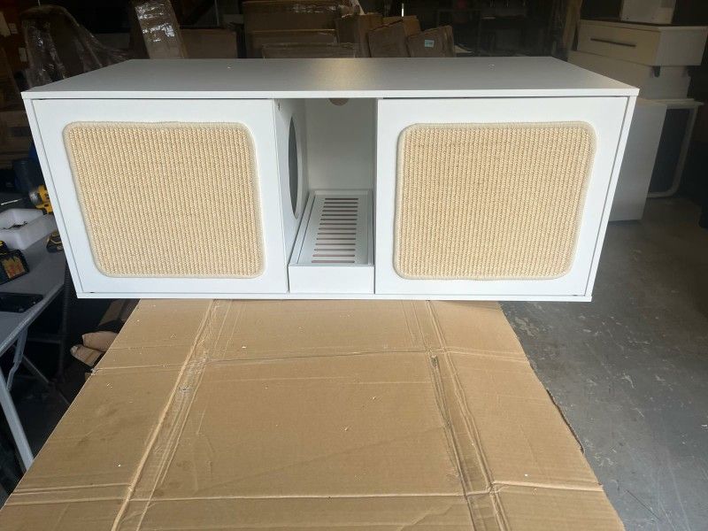Double Cat Litter Box Enclosure Furniture with Sisal Scratching Pads, 43.3" Cat Hidden Litter Box Furniture Cabinet with Litter Filter, Wooden Cat Was