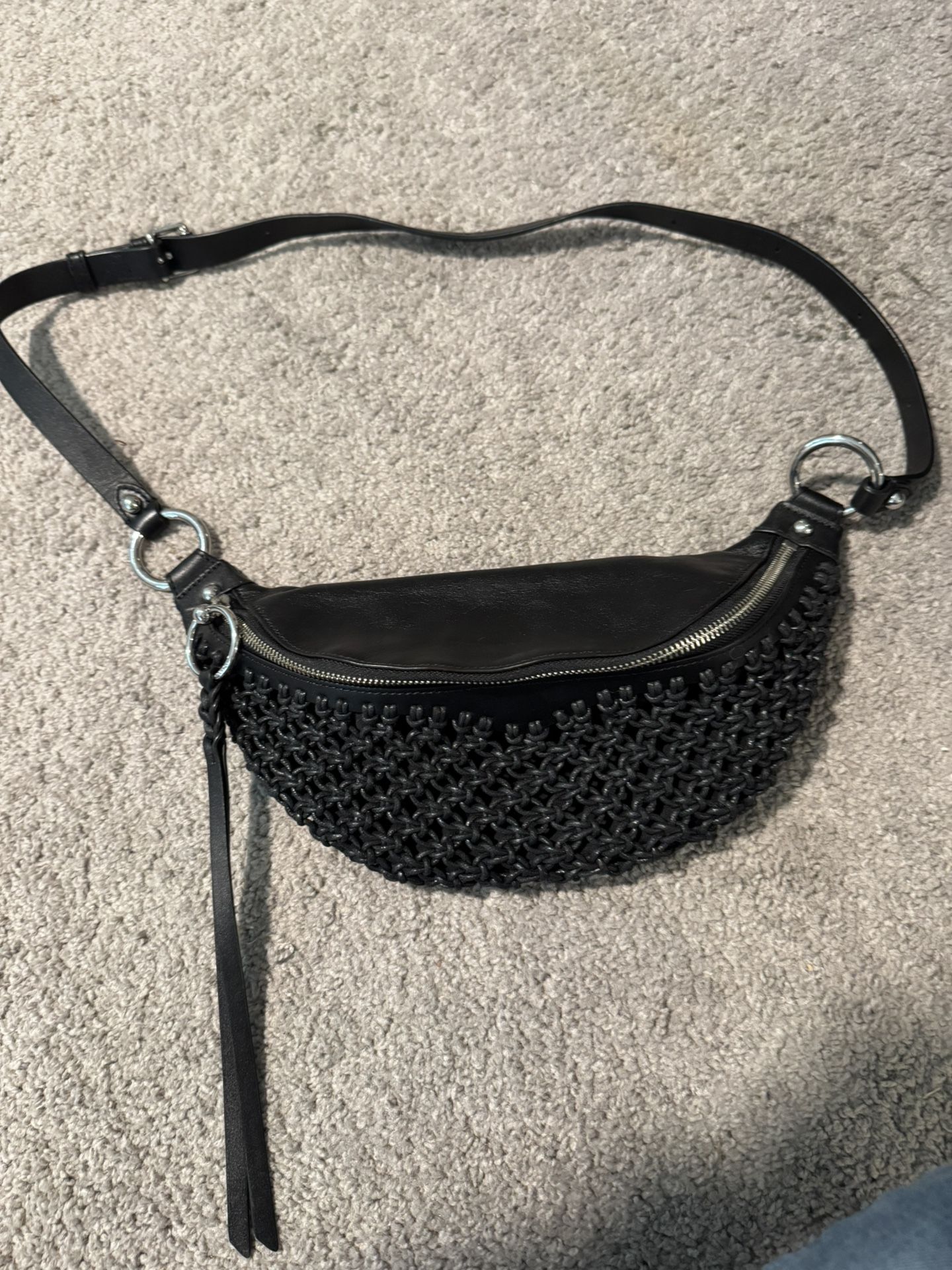 Rebecca Minkoff Bree Leather Macrame Belt Bag in black crossbody sling bag