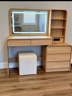 Modern Lighted Makeup Vanity Set with Drawers, Shelves & Stool - Excellent Condition
