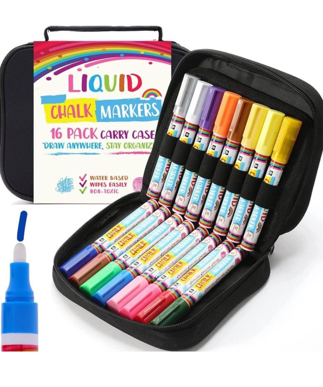 Brandnew 16 Chalk Markers with Case | Vibrant Liquid Chalkmarkers | Reversible Tips, Easy to Clean & Erase | Eraseable Chalkboard Pens for Chalkboard