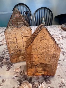 Amber Glass House Candle Holders Set of 2
