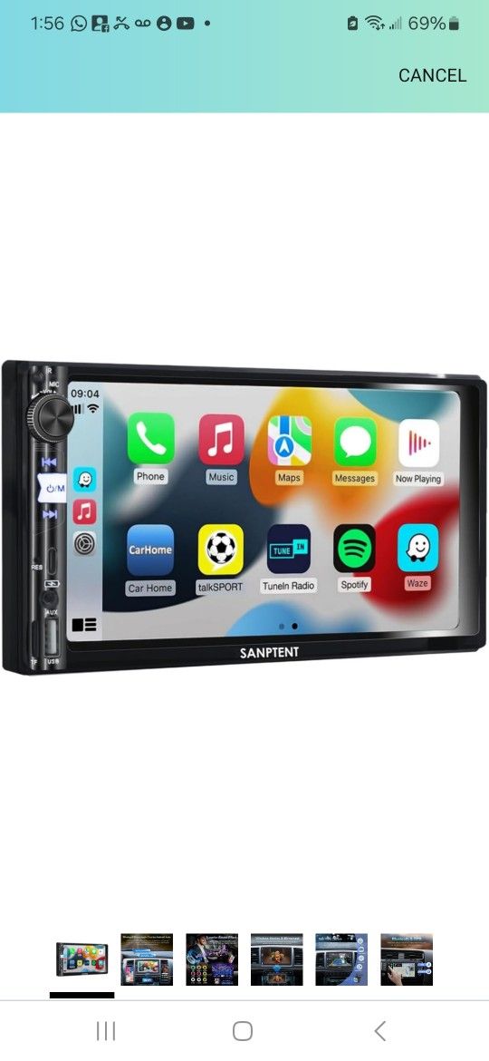 SANPTENT Wireless Double Din Car Stereo, Compatible with Apple CarPlay & Android Auto, 7 Inch FHD Touchscreen Car Audio Receiver, Airplay, Rear Camera