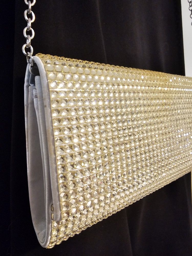 $15.00 - Elegant Evening Clutch - Gold Rhinestones All Over! Silver Satin Lining Inside! Adjustable/Removable Strap! PRICE JUST REDUCED!
