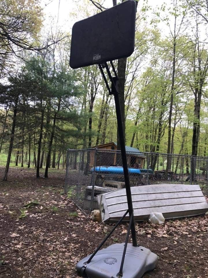 Basketball stand, brand new hoop with net and ballback