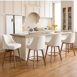New in box Counter Height Bar Stools,Beige-Colored Linen Comfort Fabric Bar Stool Set of 4,360° Swivel Counter Height Stools Solid Wood Legs,27'' Bars