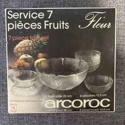 KIG Malaysia Clear Glass Ribbed w/Flowers 7 Piece Salad Bowl Set Vintage 