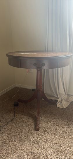 Vintage Round Wood Accent Table with Drawer – 30” Diameter