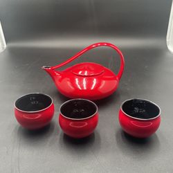 Judith Weber Japanese Style Dragon Red ceramic pot and three (3) cups 