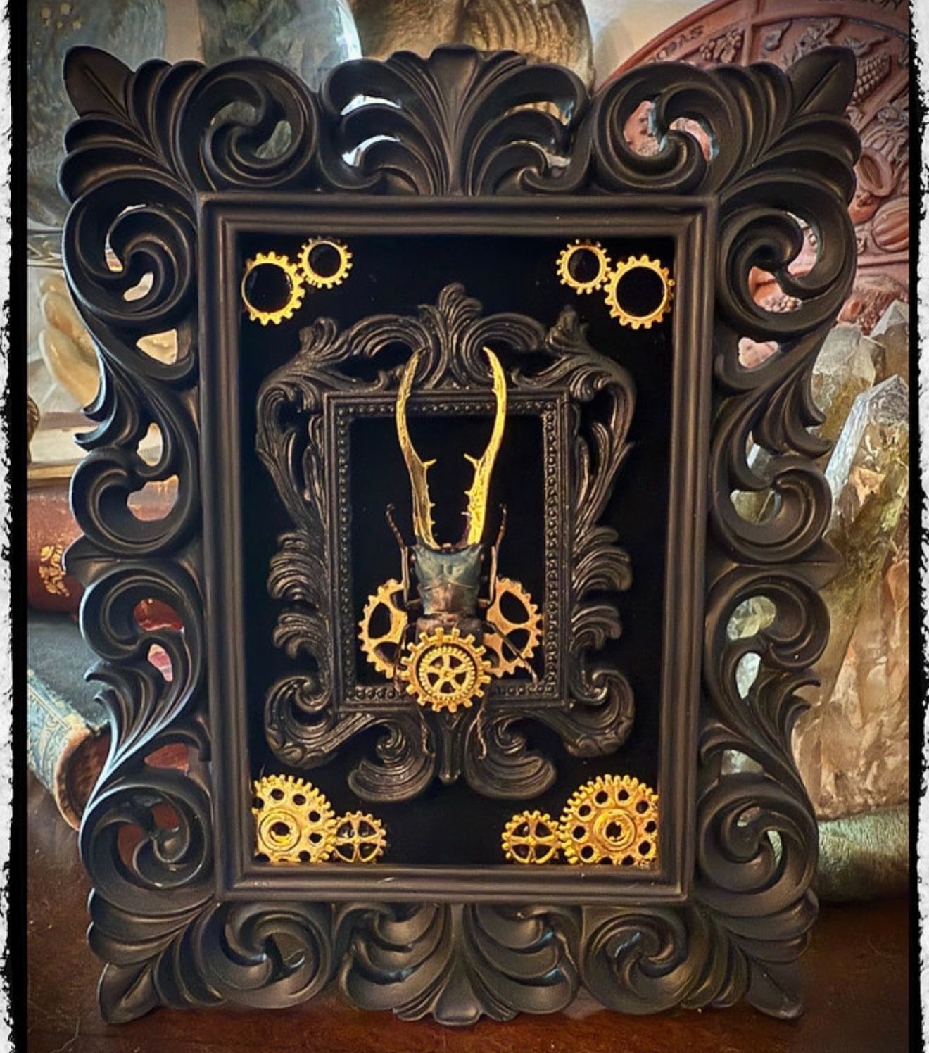 Double framed gilded Steam Punk real beetle art piece