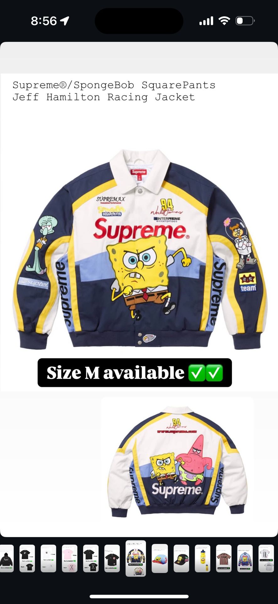 Size M SupremeĀ®/ SpongeBob SquarePants Jeff Hamilton Racing Jacket