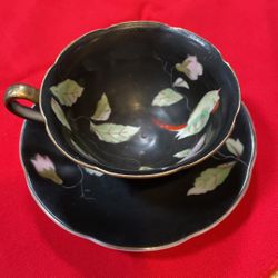 Unique Teacup And Saucer Collectible Set Black Bird Flower